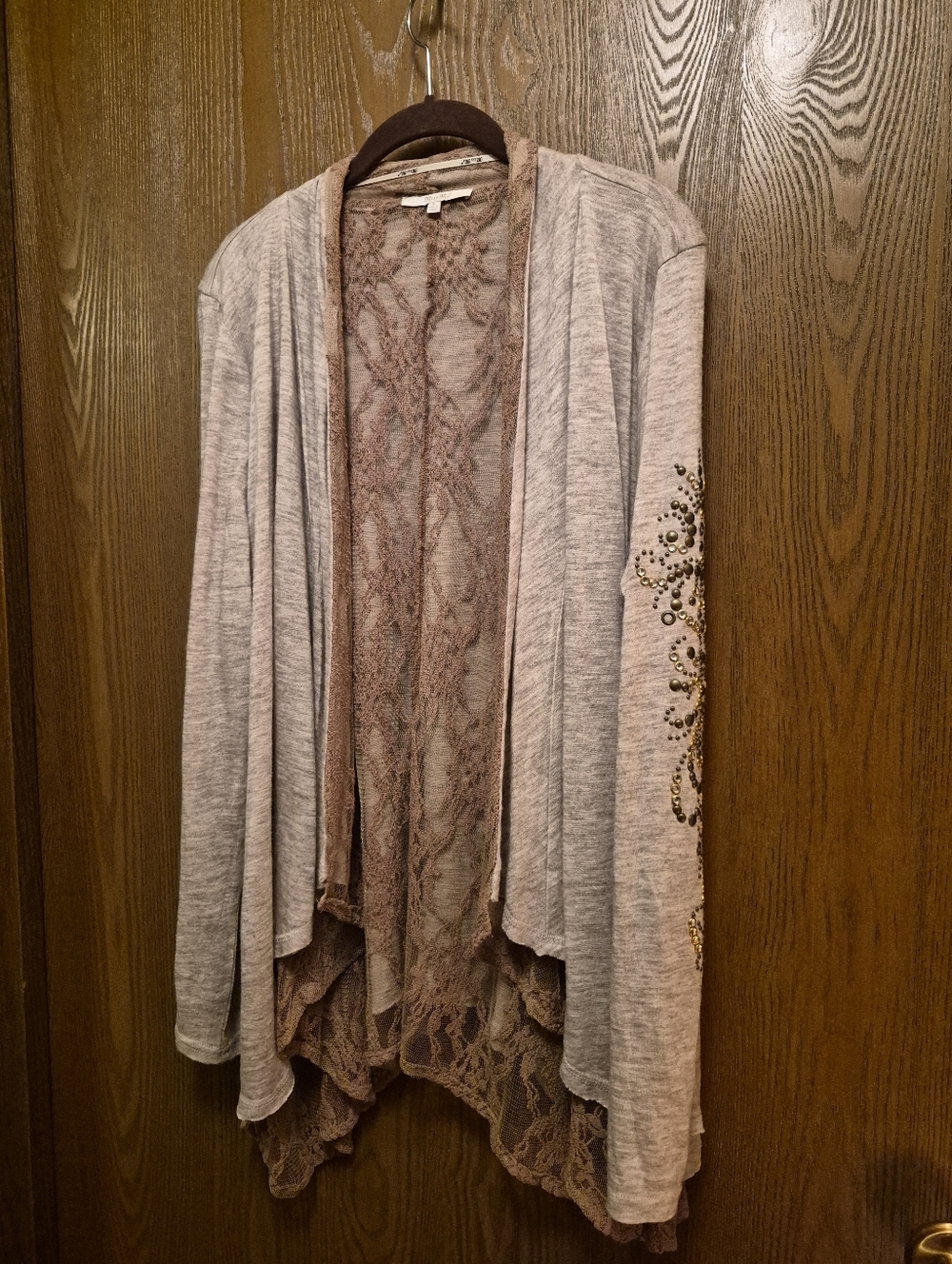 Miss Me Tan Open Cardigan With Lace Lining Bronze Hardware Accents Size L